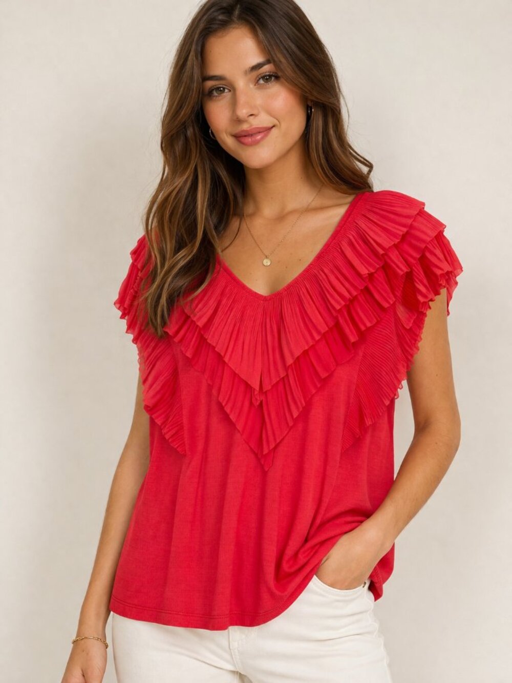 Orange Red Ruffle Blouse Ruffle Top Feminine Flowy Summer Shirt Large